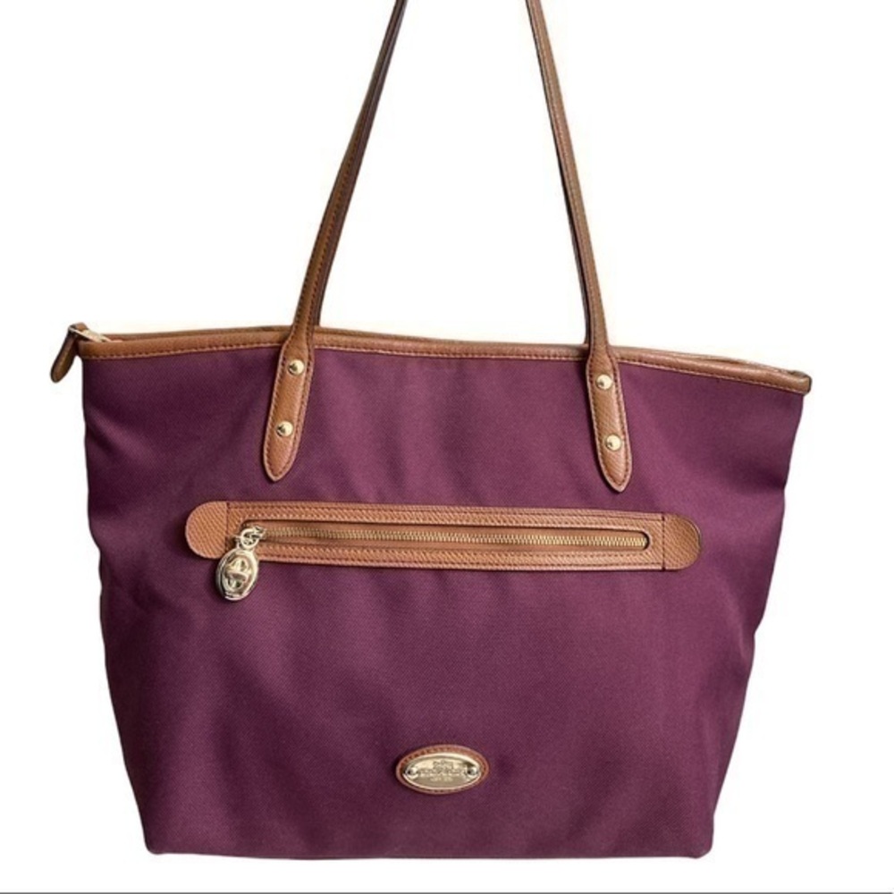 Coach burgundy reddish purple nylon and brown leather tote bag